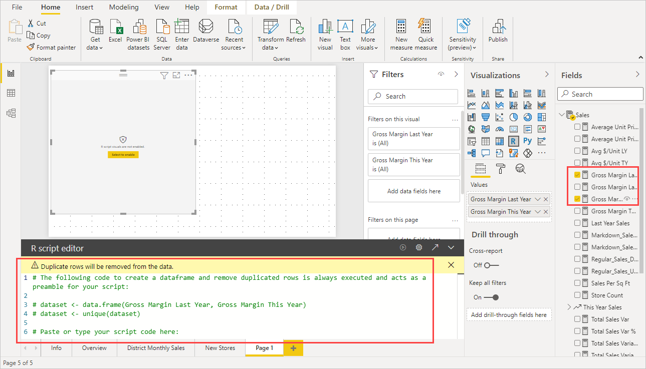Screenshot des Bereichs „Visualisierungen“ mit einem leeren R-Visual und einem Skript im R-Skript-Editor