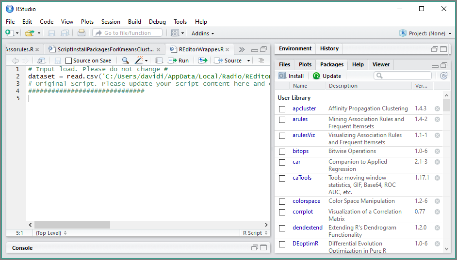 Screenshot der aus Power BI Desktop gestarteten R-IDE in R Studio