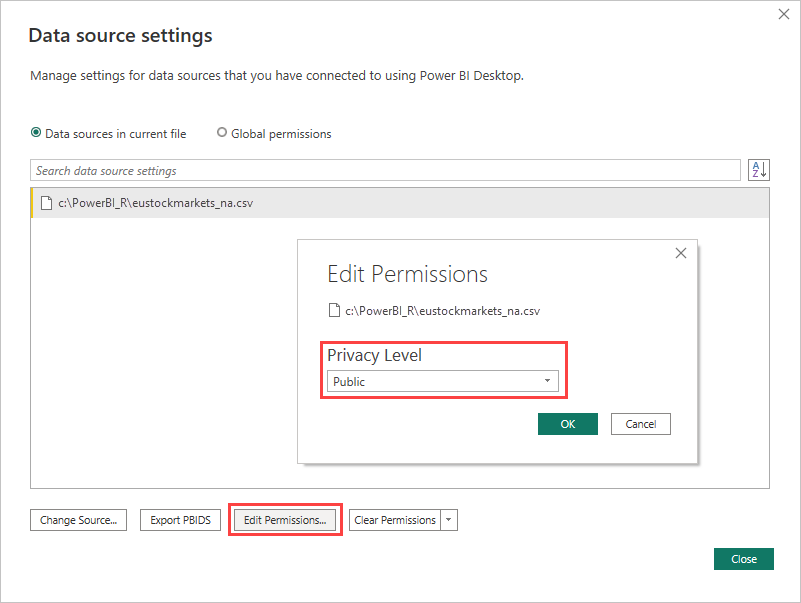 Screenshot shows Data source settings dialog where you can edit permissions.