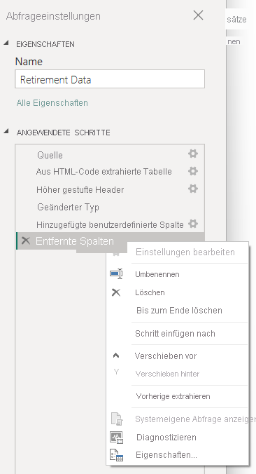 Screenshot of Power Query Editor's Applied Steps context menu.