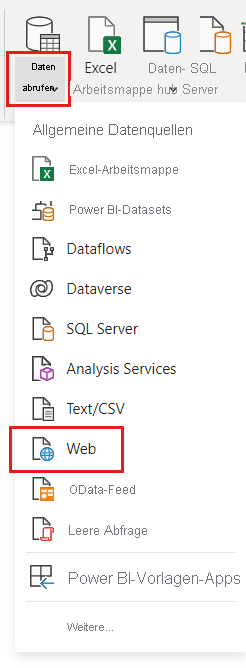 Screenshot of Power Query Editor with the Get data menu and Web source selected.