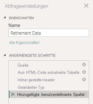 Screenshot of Power Query Editor's Query Settings pane showing the Applied Steps list with the actions so far.