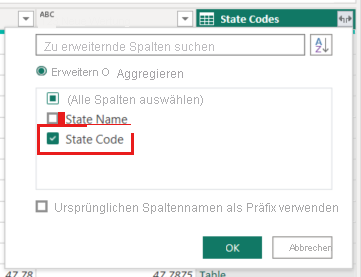 Screenshot of Power Query Editor's column Expand dialog showing the State Code column highlighted.