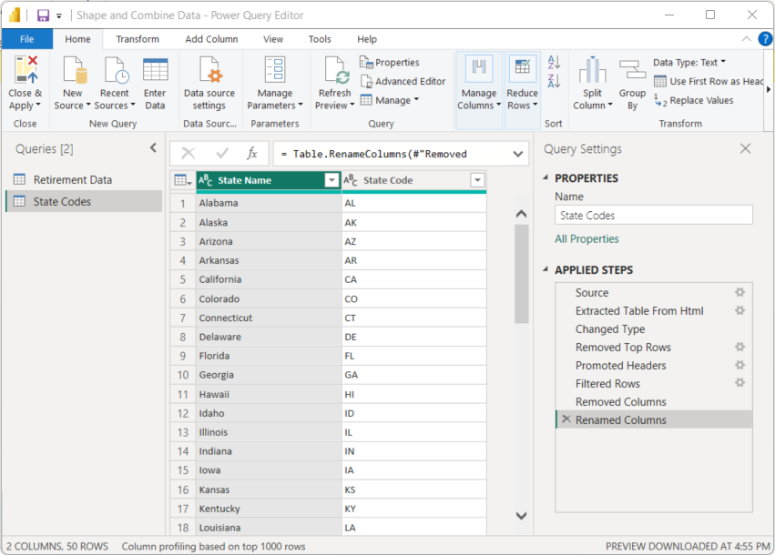 Screenshot: Fenster „Power Query-Editor“ mit den Ergebnissen der Formgebung von Quelldaten für „Codes für Bundesstaaten“ in eine Tabelle.