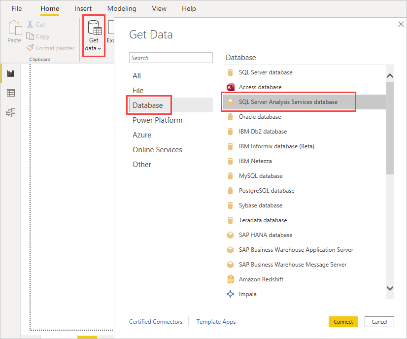 Screenshot shows the Get Data dialog in Power BI Desktop with SQL Server Analysis Services database selected.