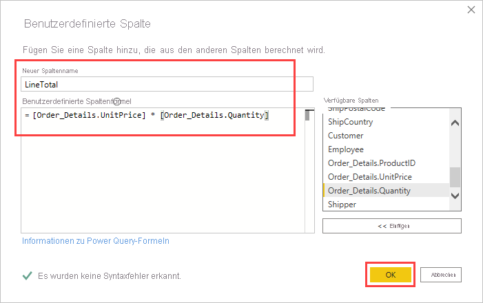 Screenshot that highlights the New column name and Custom column formula fields.