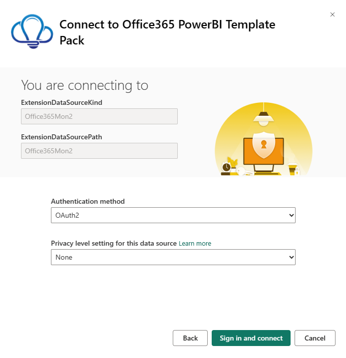 Screenshot that shows connection options in the Connect to Office365 Power BI Template Pack window.