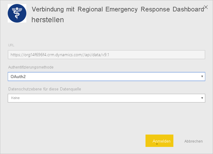 Regional Emergency Response Dashboard app authentication dialog