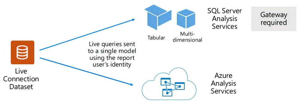 Diagram that shows how a live connection dataset passes queries to an external-hosted model.