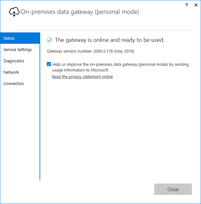 Screenshot that shows the On-premises data gateway (personal mode) success screen.