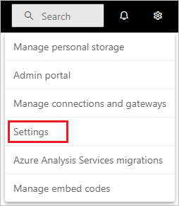 Screenshot: Auswählen von „Einstellungen“ auf der Power BI-Startseite.