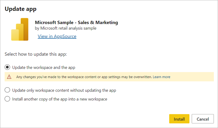 Screenshot of the Update app dialog. The option called update the workspace and the app is selected.