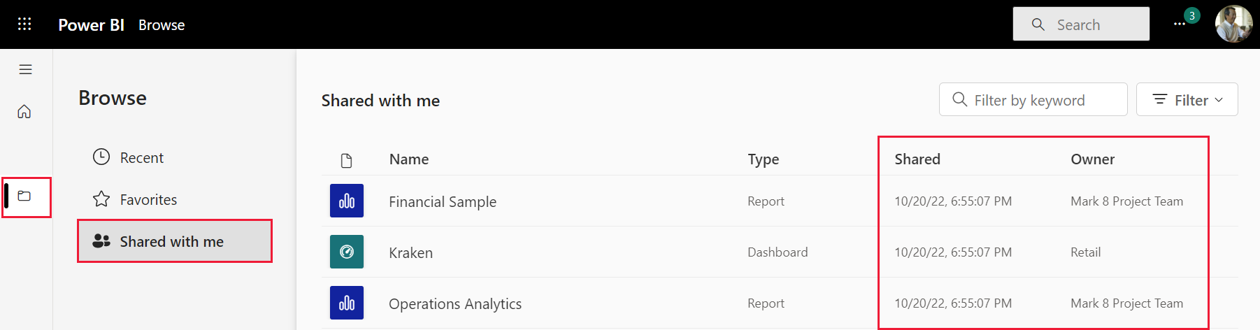 Screenshot: Bildschirm „Für mich freigegeben“. Das freigegebene Datum und der Besitzer werden skizziert.
