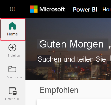 A screenshot of the nav pane for the Power BI service with Home selected.