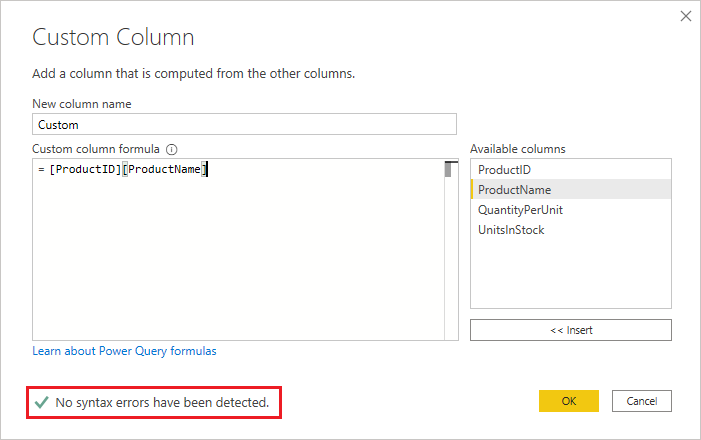 Screenshot of the Custom Column dialog box, highlighting no syntax errors have been detected and a checkmark.