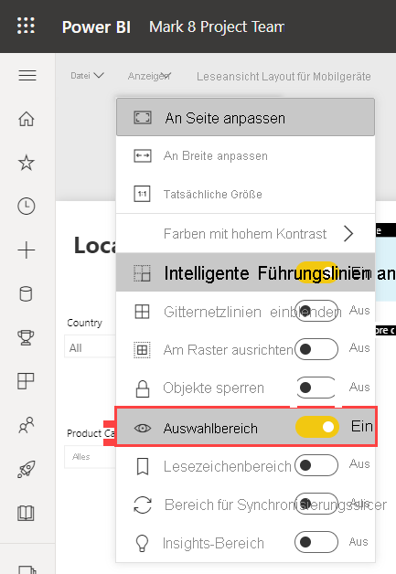 Screenshot showing how to turn on the Selection pane in the Power BI service.