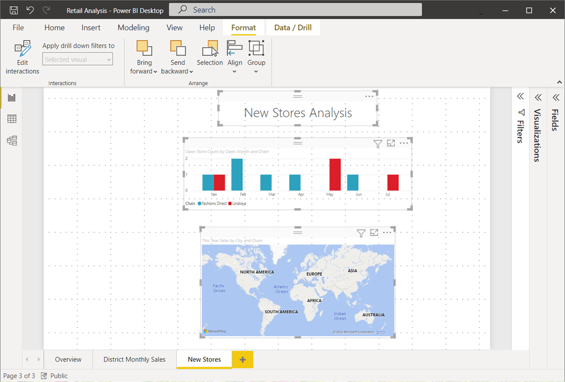 Screenshot of the report canvas, showing three visuals aligned using the Align center option.