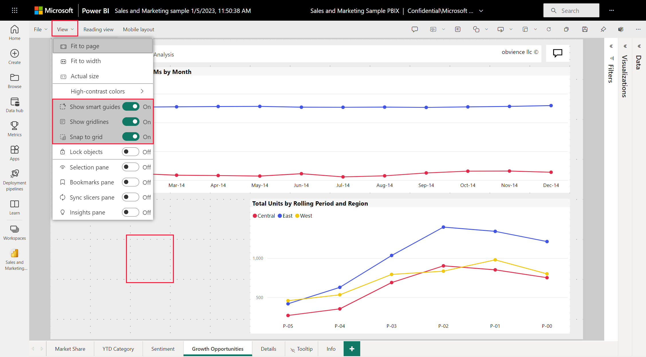 Screenshot of the report canvas, showing how to enable gridlines and snap to grid in Power BI Desktop reports.