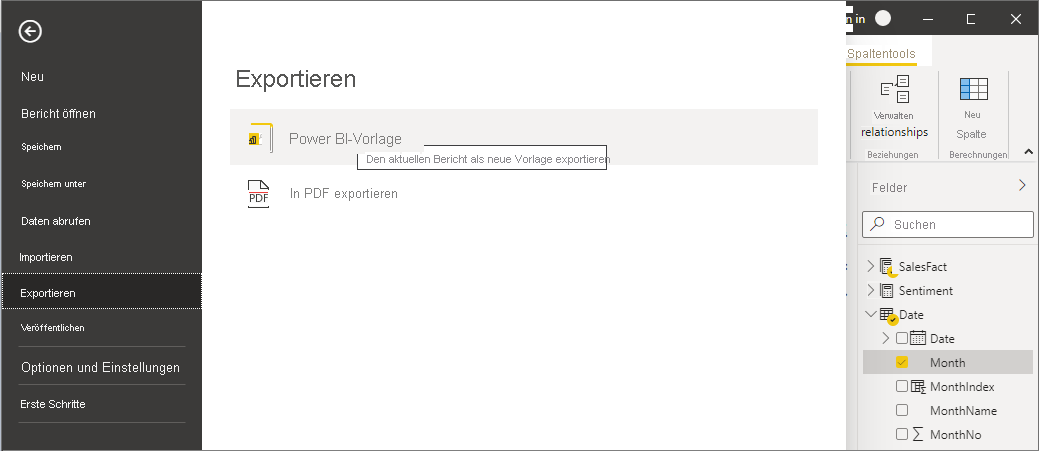 Screenshot of Power BI Desktop, showing Export options.