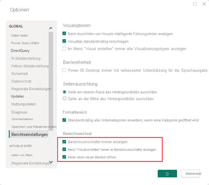 Screenshot: Optionen des Bereichsumschalters