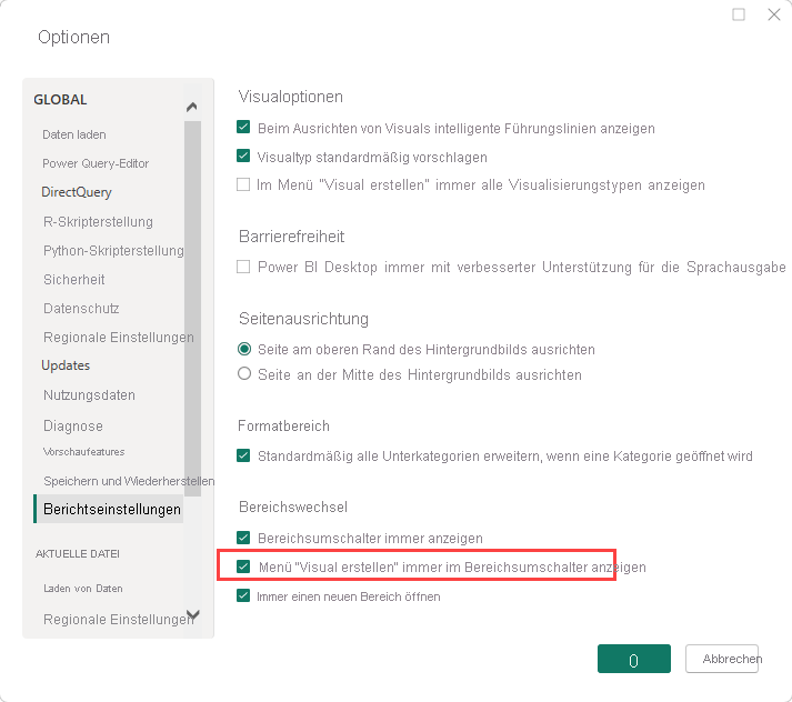 Screenshot zeigt das Menü „Optionen“ mit der Auswahl „Erstellen eines visuellen Elements immer anzeigen“.
