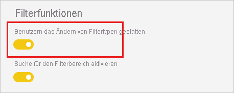 Screenshot of the Filtering experience menu, highlighting Allow users to change filter types.