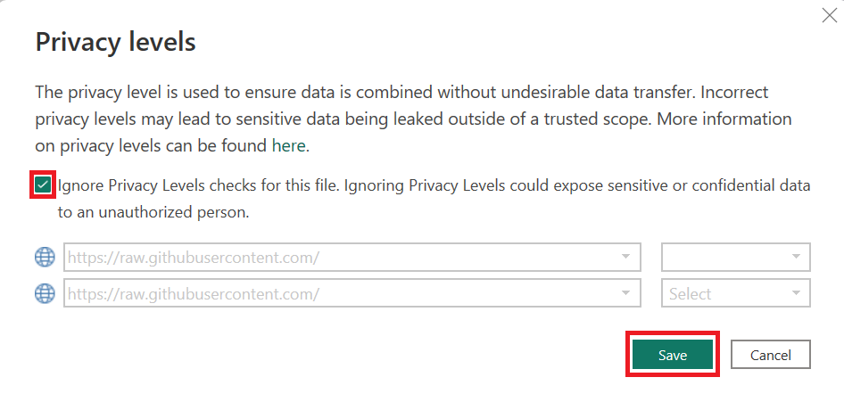 Screenshot: Auswählen der Datenschutzebenen.