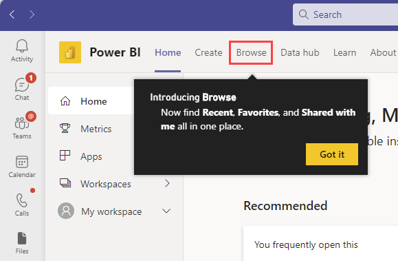 Screenshot showing the new Browse experience also in the Power BI personal app in Teams.