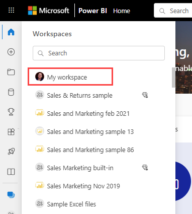 Screenshot that shows the new placement of My Workspace on the Workspaces extended menu below the Search box.