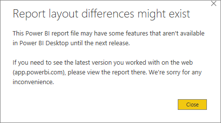 Screenshot der Warnmeldung in Power BI Desktop mit dem Titel „Mögliche Abweichungen im Berichtslayout“