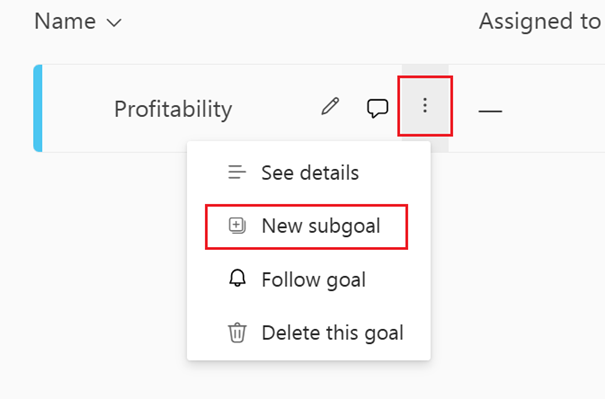 Screenshot, der zeigt, wie Sie weitere Optionen auswählen und dann ein Untergoal hinzufügen.