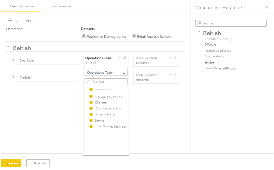 Screenshot of UI showing how users can map hierarchy levels to connected semantic models.