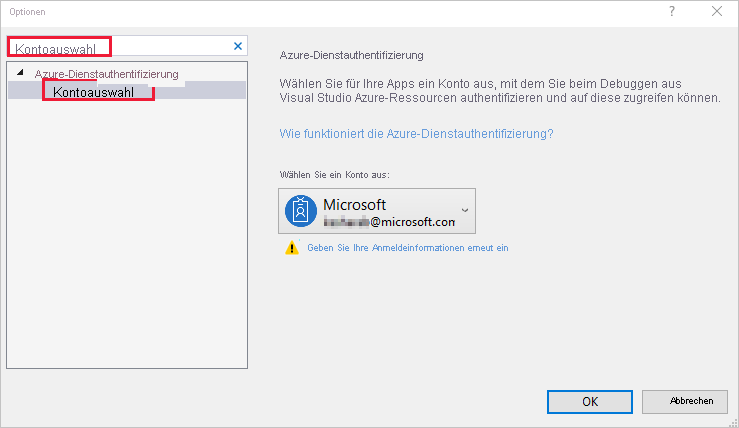 Screenshot: Visual Studio-Fenster „Optionen“ mit hervorgehobener Option „Kontoauswahl“ in den Suchergebnissen.