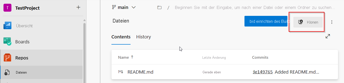 Screenshot der Benutzeroberfläche für PBIP und Azure DevOps-Integration Klon-Repository.