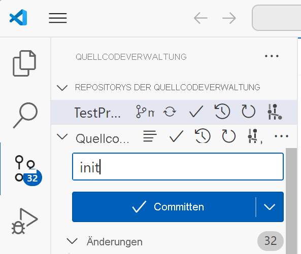 Screenshot der Benutzeroberfläche für Commit in VS Code.