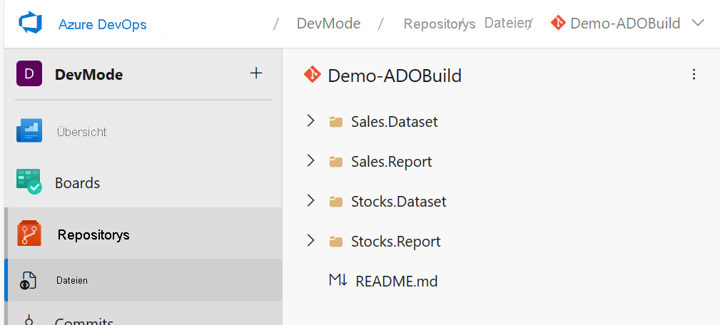 Screenshot showing the Azure DevOps branch with folders for different workspace items.