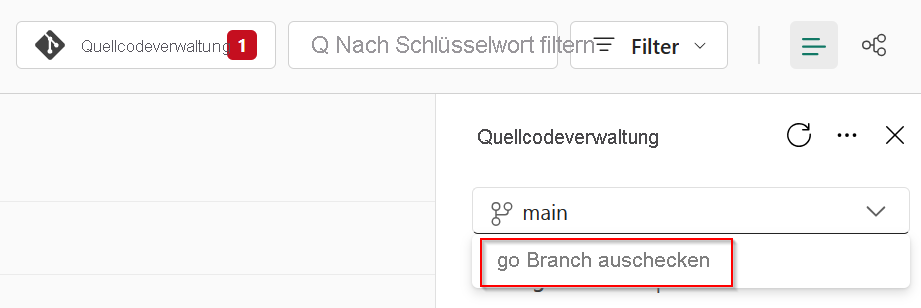 Screenshot showing the source control screen to checkout a new branch.