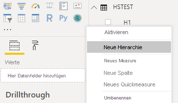 Der Screenshot zeigt den Power BI-Desktop mit „Neue Hierarchie“ in einem Kontextmenü ausgewählt.