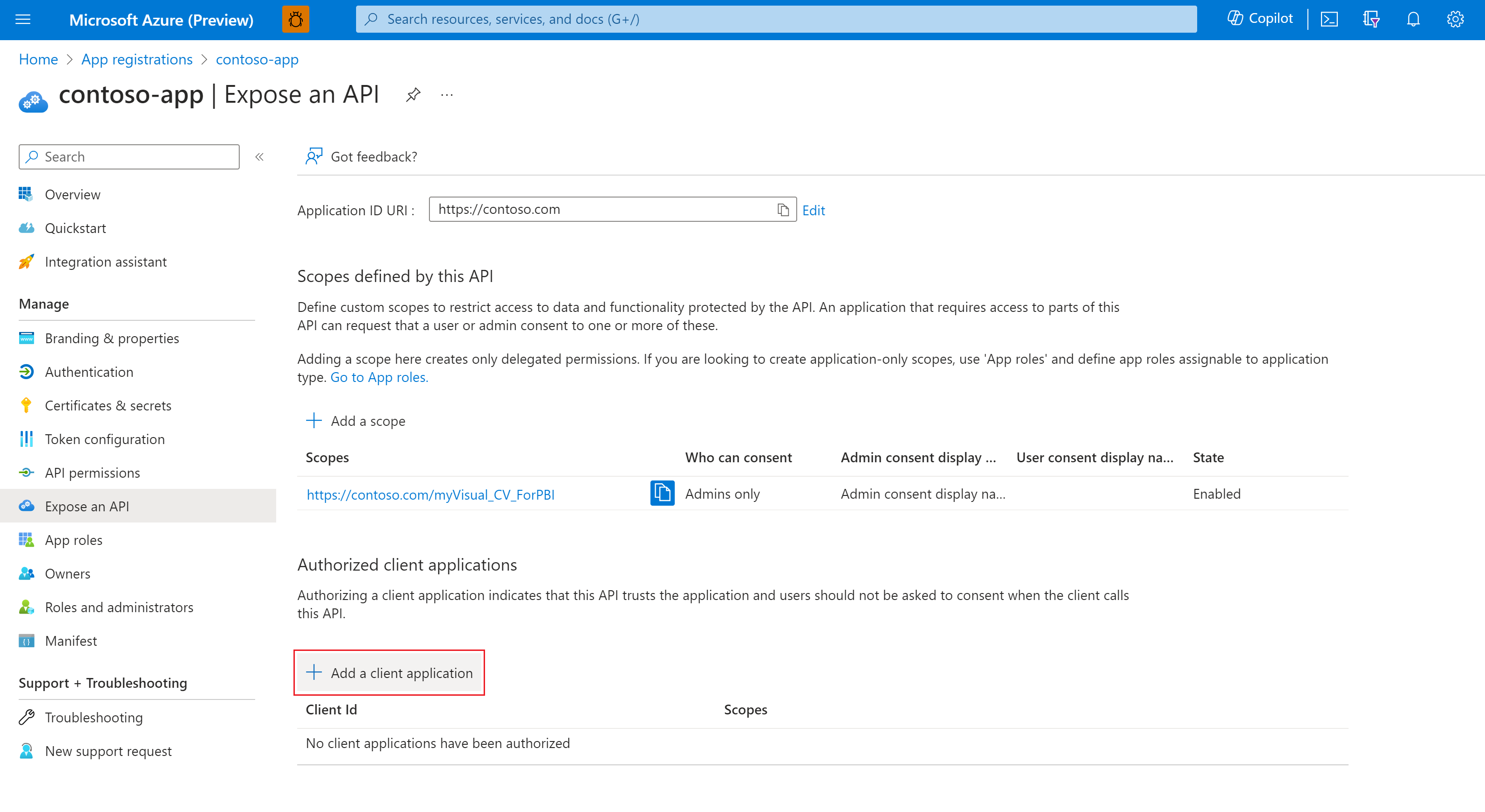 Screenshot des Fensters „Bereich bearbeiten“ mit Feldern zum Hinzufügen einer Clientanwendung.