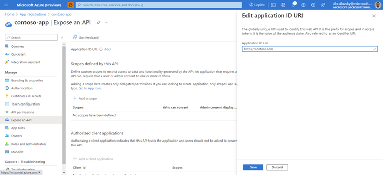 Screenshot der Seite „API verfügbar machen“ auf der die Seite „Anwendungs-ID-URI bearbeiten“ geöffnet ist.