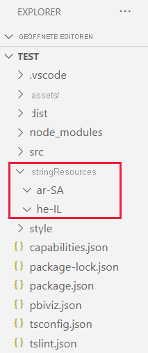 A VS code screenshot of a visual project folder.The string resources folder has two sub folders, one for Arabic and one for Hebrew.