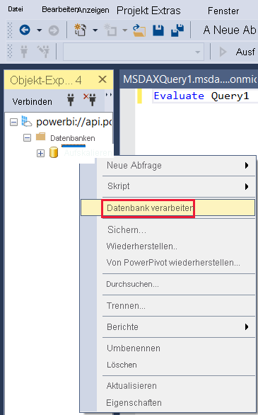 A screenshot showing the process database option highlighted in S Q L Server Management Studio.