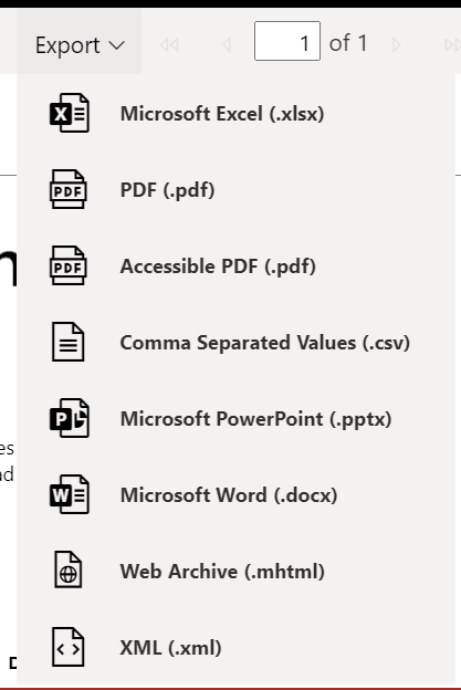Screenshot mit den Formaten für den Export eines paginierten Berichts.