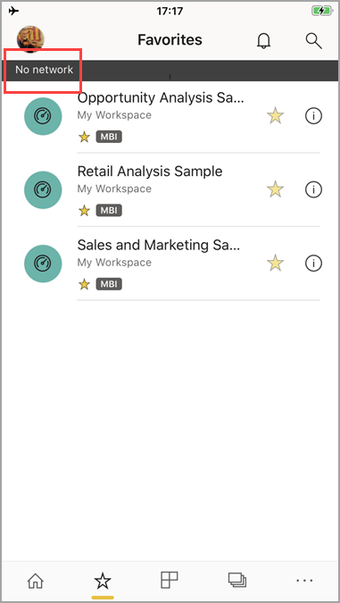 Screenshot der mobilen Power BI-App mit der Meldung „Kein Netzwerk