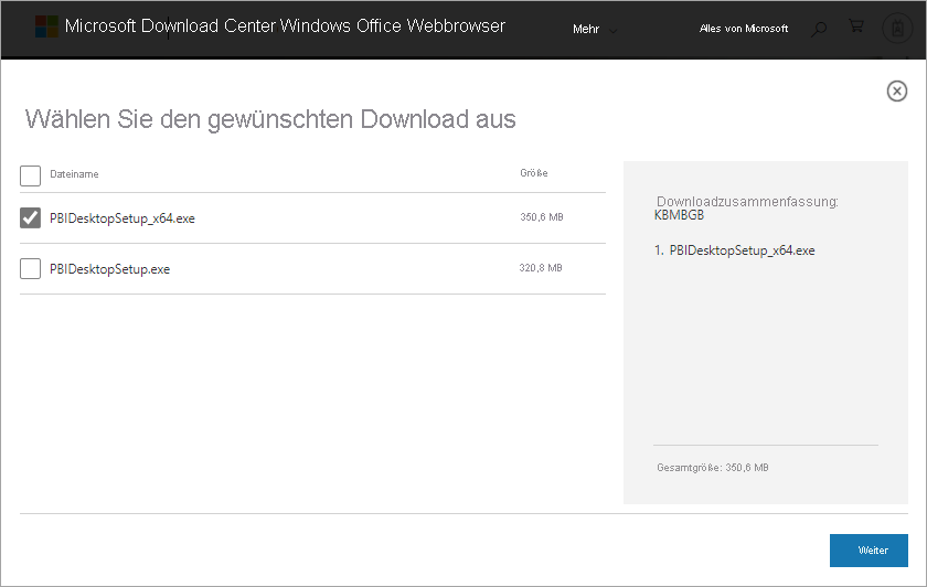 Screenshot des Download Center mit dem Kontrollkästchen für die 64-Bit-Version von Power BI Desktop