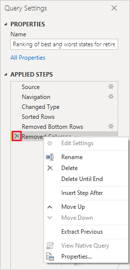 Screenshot von Power BI Desktop mit den Änderungsoptionen für „Angewendete Schritte“