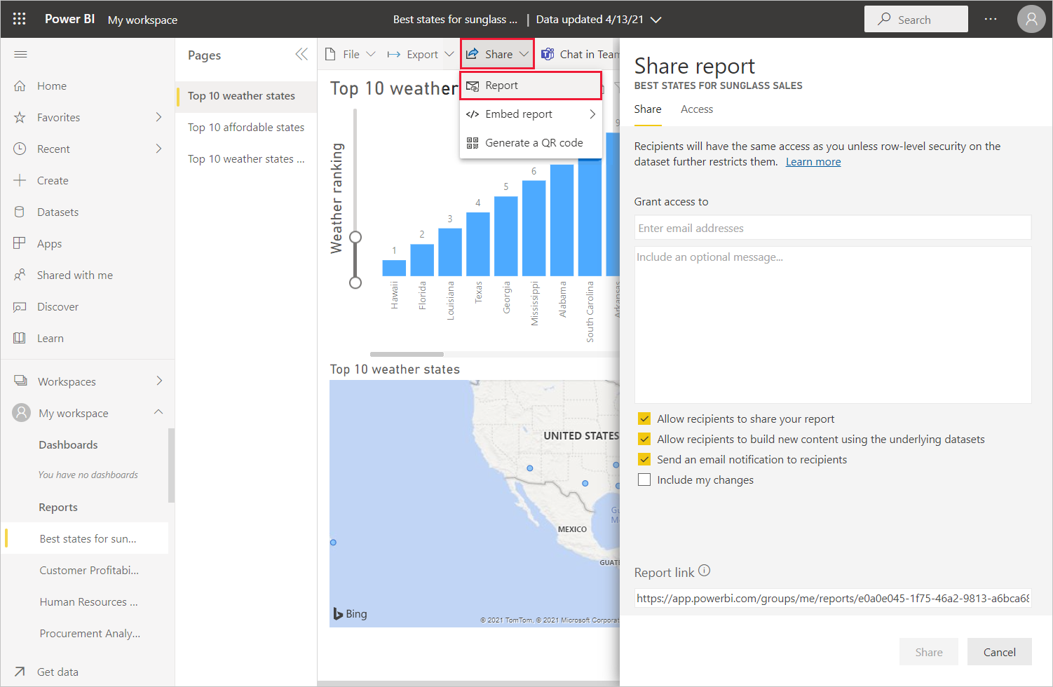 Screenshot of Power B I Desktop showing the Share Report screen.