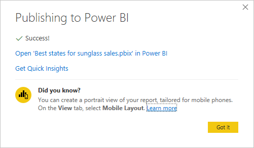 Screenshot von Power BI Desktop mit der Meldung „Publish Success“ (Veröffentlichen erfolgreich)