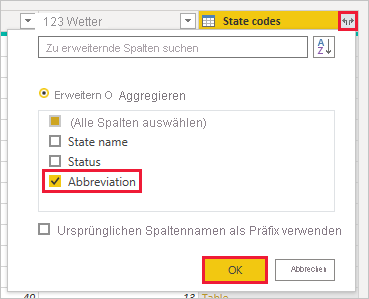 Screenshot of Power B I Desktop showing the State Codes Abbreviation column.