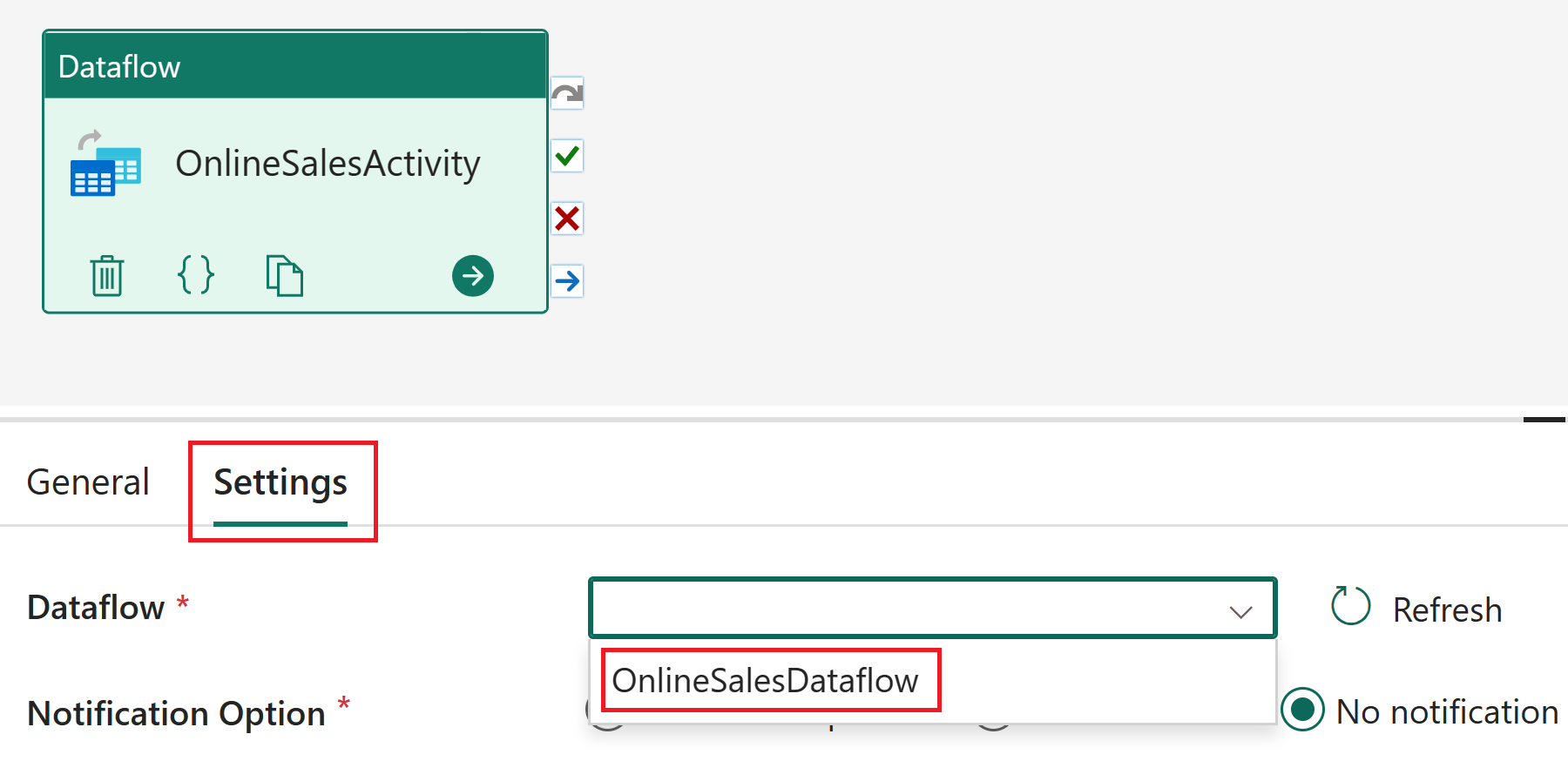 Screenshot der Auswahl des Datenflusses in den Aktivitätseinstellungen.